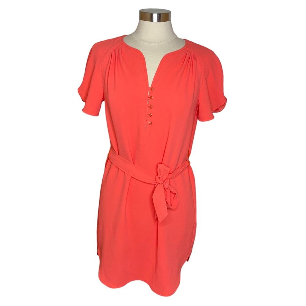 Trina Turk Short Sleeve Button Front Detail‎ Shift Dress Belted Sash Women's 6